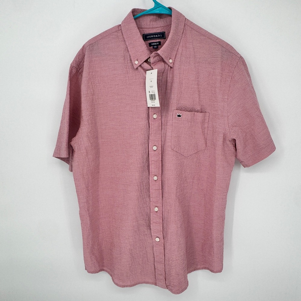 Crown‎ & Ivy Mens Classic Fit Short Sleeve Button Down Shirt Pink Size Medium